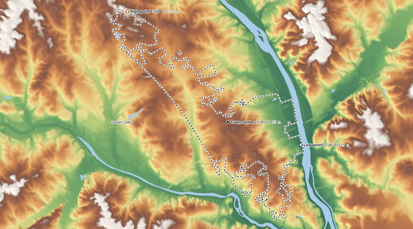 Topographic elevation map of St. Andrews, South Carolina, shaded from 150 ft on the east side to 360 ft on the northwest side