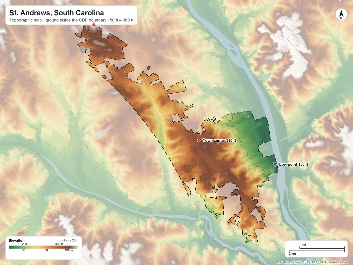 Topographic elevation map of St. Andrews, South Carolina, shaded from 150 ft on the east side to 360 ft on the northwest side