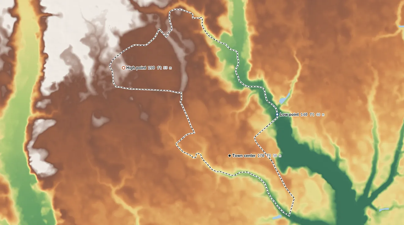 Topographic elevation map of St. Charles, South Carolina, shaded from 140 ft on the northeast side to 190 ft on the northwest side