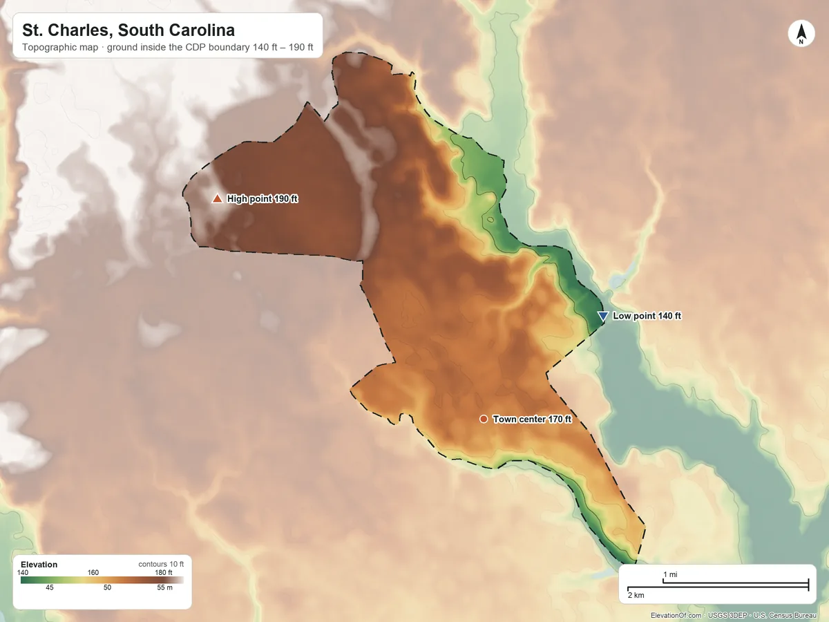Topographic elevation map of St. Charles, South Carolina, shaded from 140 ft on the northeast side to 190 ft on the northwest side