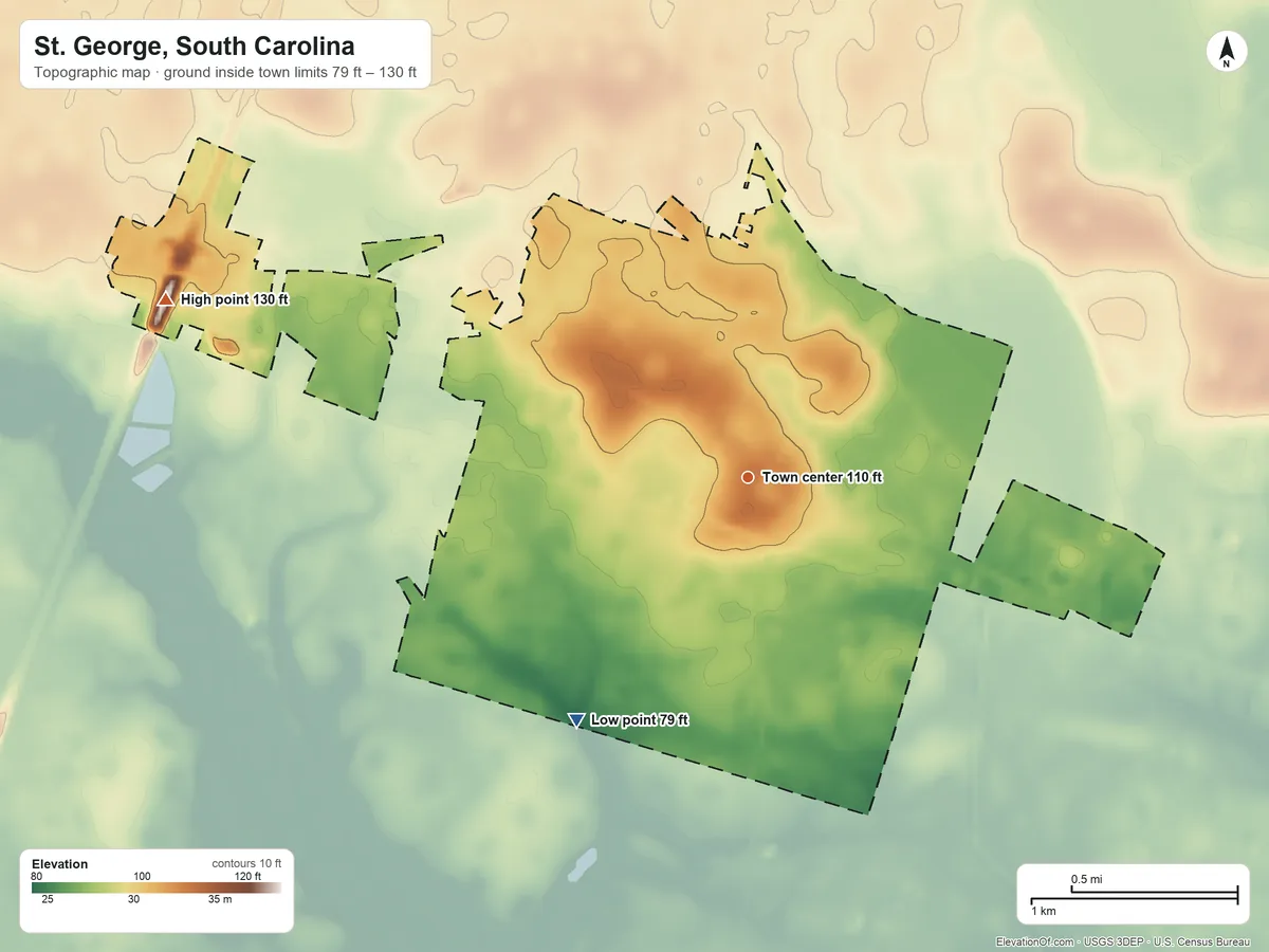 Topographic elevation map of St. George, South Carolina, shaded from 79 ft on the southwest side to 130 ft on the west side
