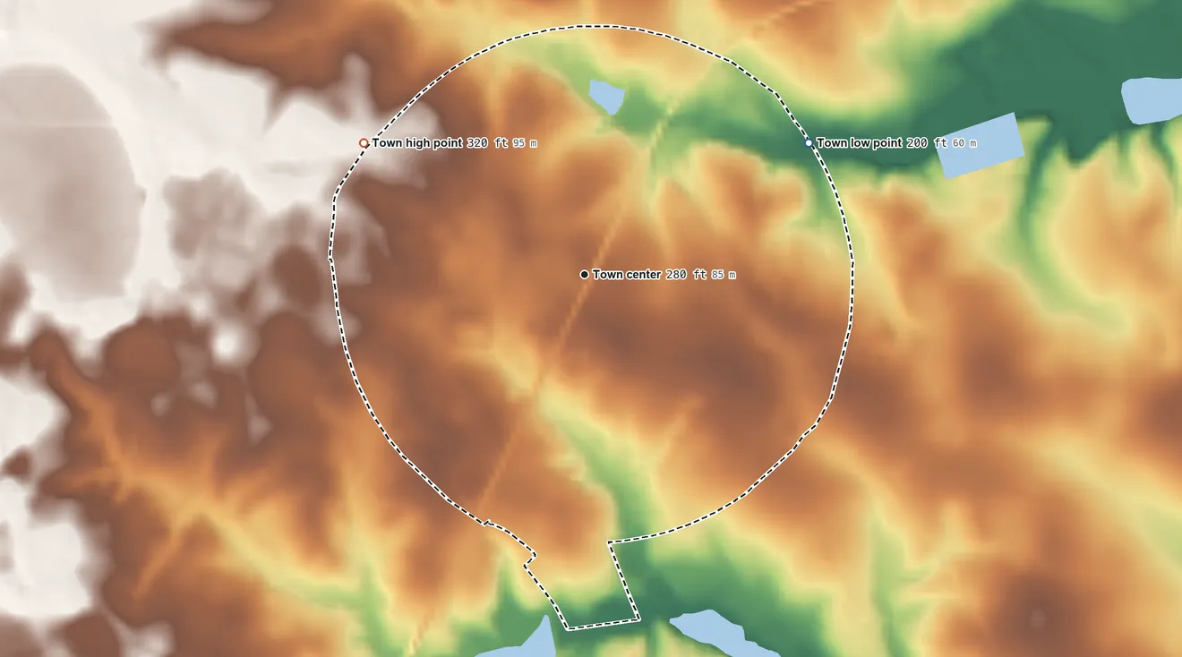 Topographic elevation map of St. Matthews, South Carolina, shaded from 200 ft on the northeast side to 320 ft on the northwest side