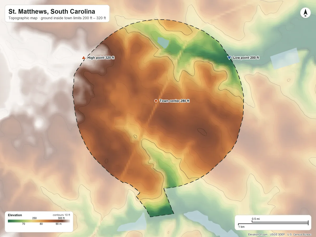 Topographic elevation map of St. Matthews, South Carolina, shaded from 200 ft on the northeast side to 320 ft on the northwest side