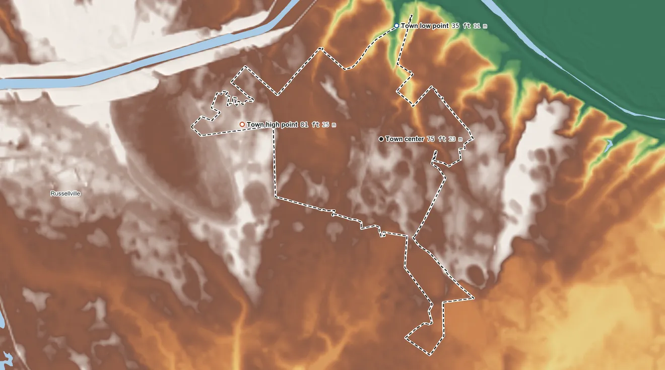 Topographic elevation map of St. Stephen, South Carolina, shaded from 35 ft on the north side to 81 ft on the west side