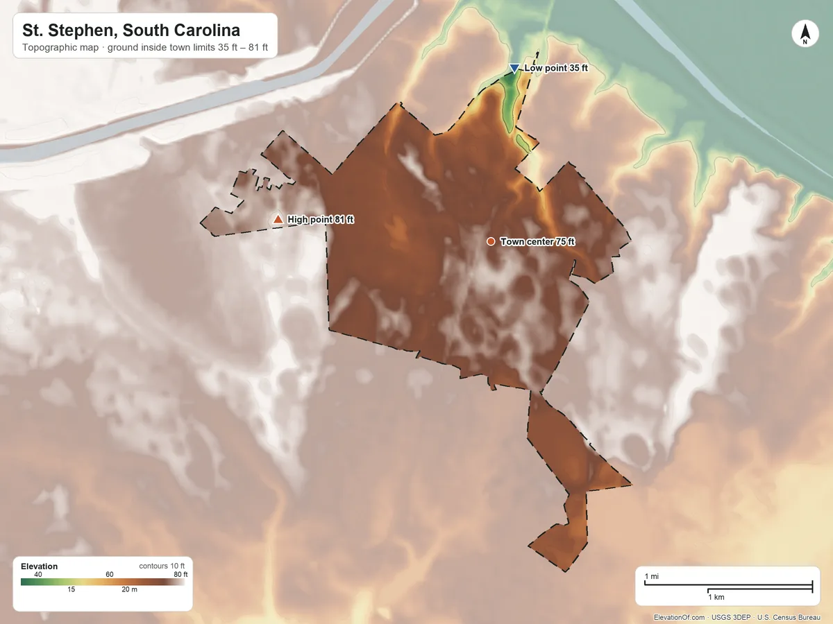 Topographic elevation map of St. Stephen, South Carolina, shaded from 35 ft on the north side to 81 ft on the west side