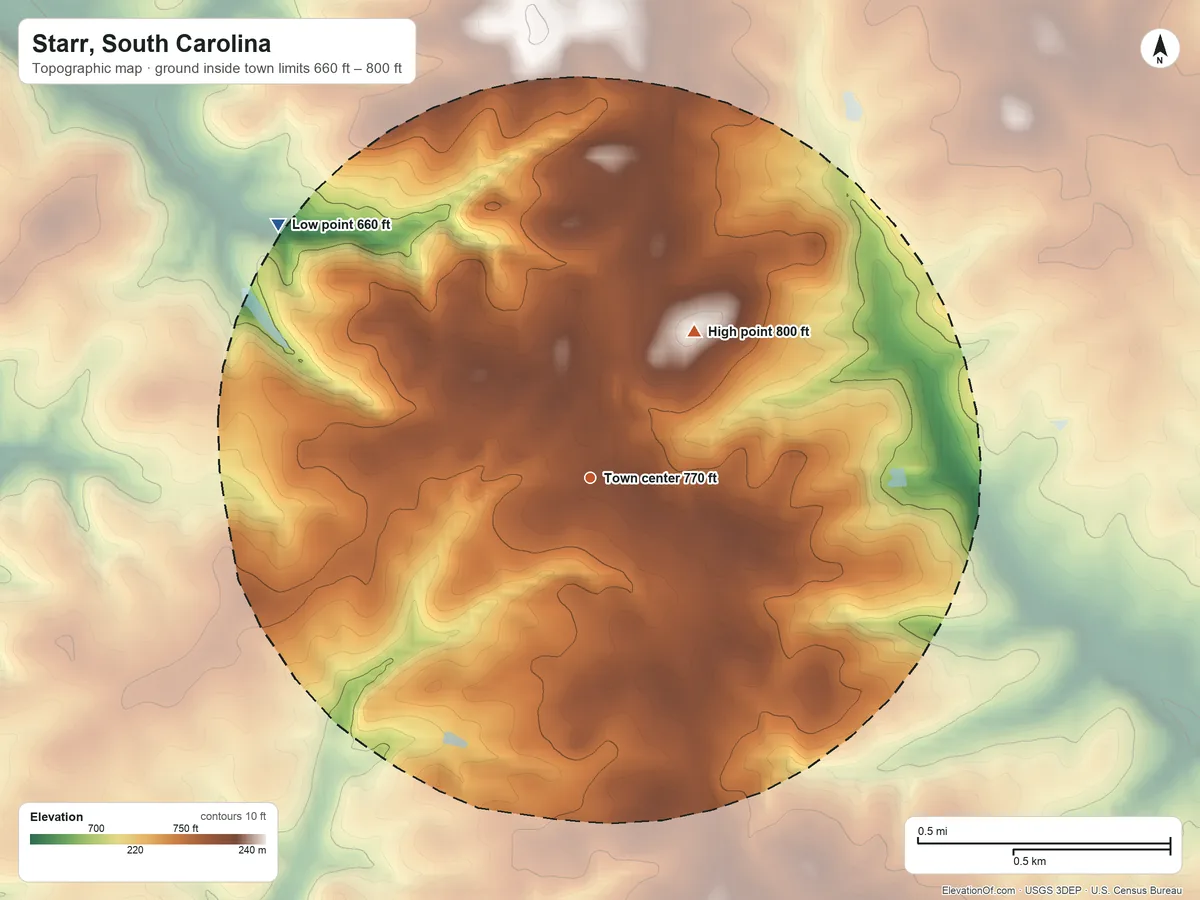 Topographic elevation map of Starr, South Carolina, shaded from 660 ft on the northwest side to 800 ft on the northeast side