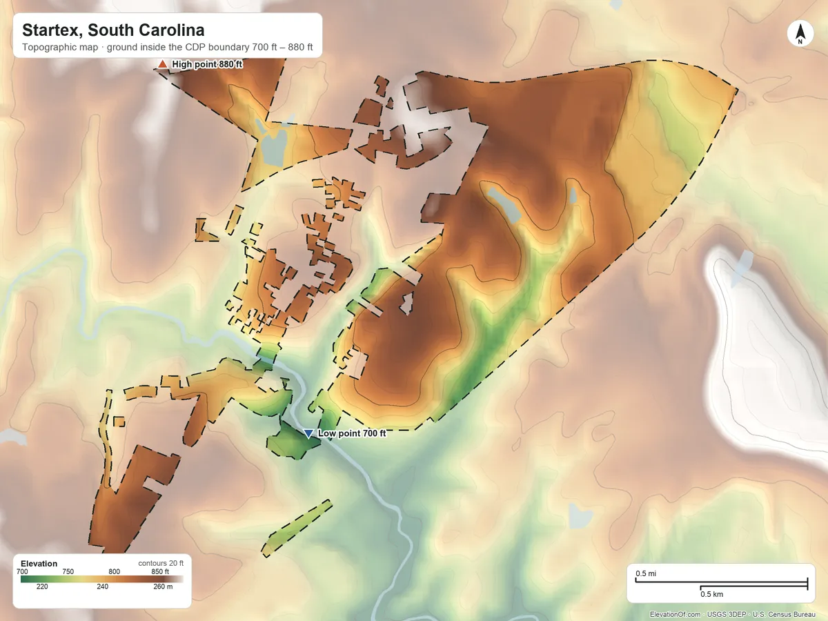 Topographic elevation map of Startex, South Carolina, shaded from 700 ft on the south side to 880 ft on the northwest side