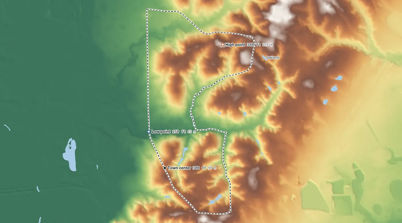 Topographic elevation map of Stateburg, South Carolina, shaded from 150 ft on the northwest side to 380 ft on the northeast side