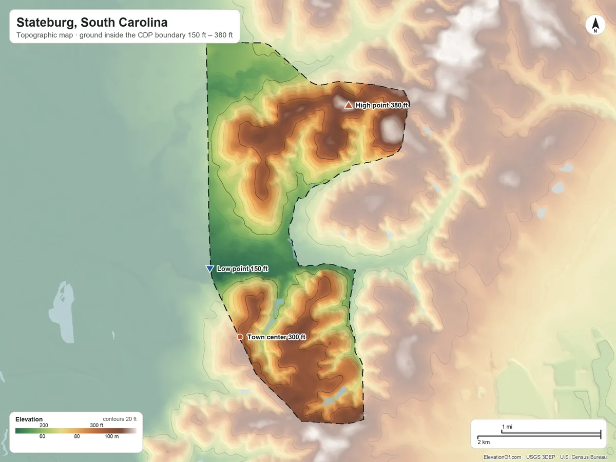 Topographic elevation map of Stateburg, South Carolina, shaded from 150 ft on the northwest side to 380 ft on the northeast side
