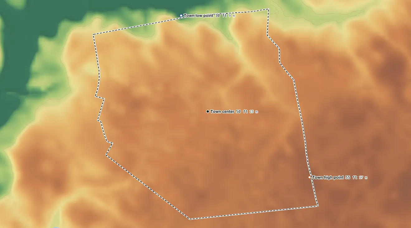 Topographic elevation map of Stuckey, South Carolina, shaded from 30 ft on the north side to 55 ft on the southeast side