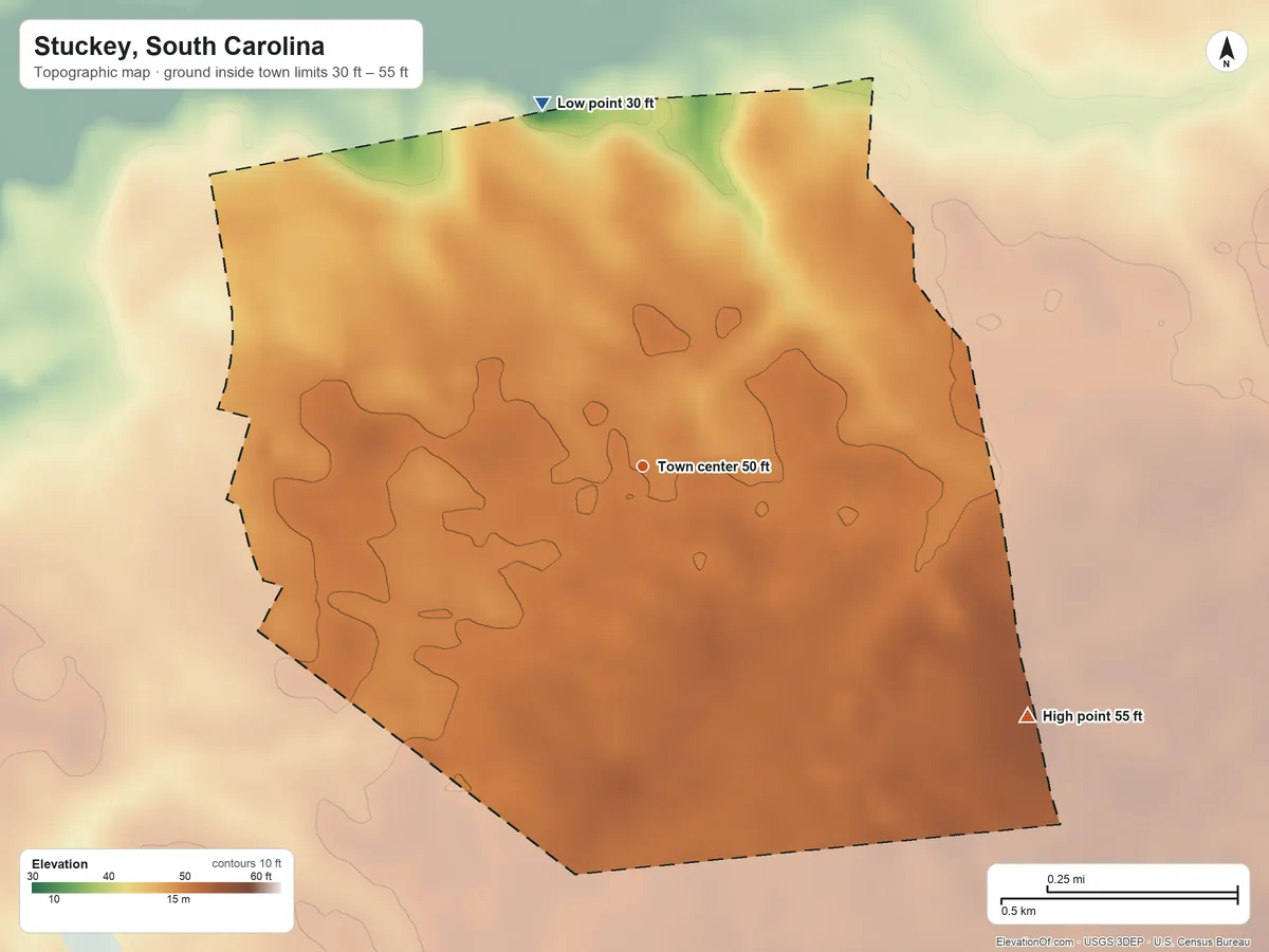Topographic elevation map of Stuckey, South Carolina, shaded from 30 ft on the north side to 55 ft on the southeast side