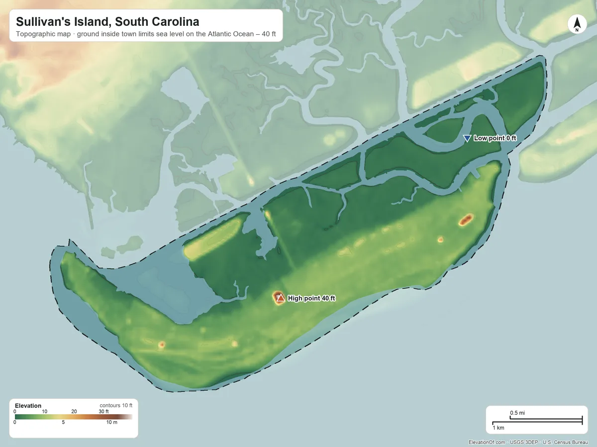 Topographic elevation map of Sullivan's Island, South Carolina, shaded from sea level level on the Atlantic Ocean to 40 ft near the middle