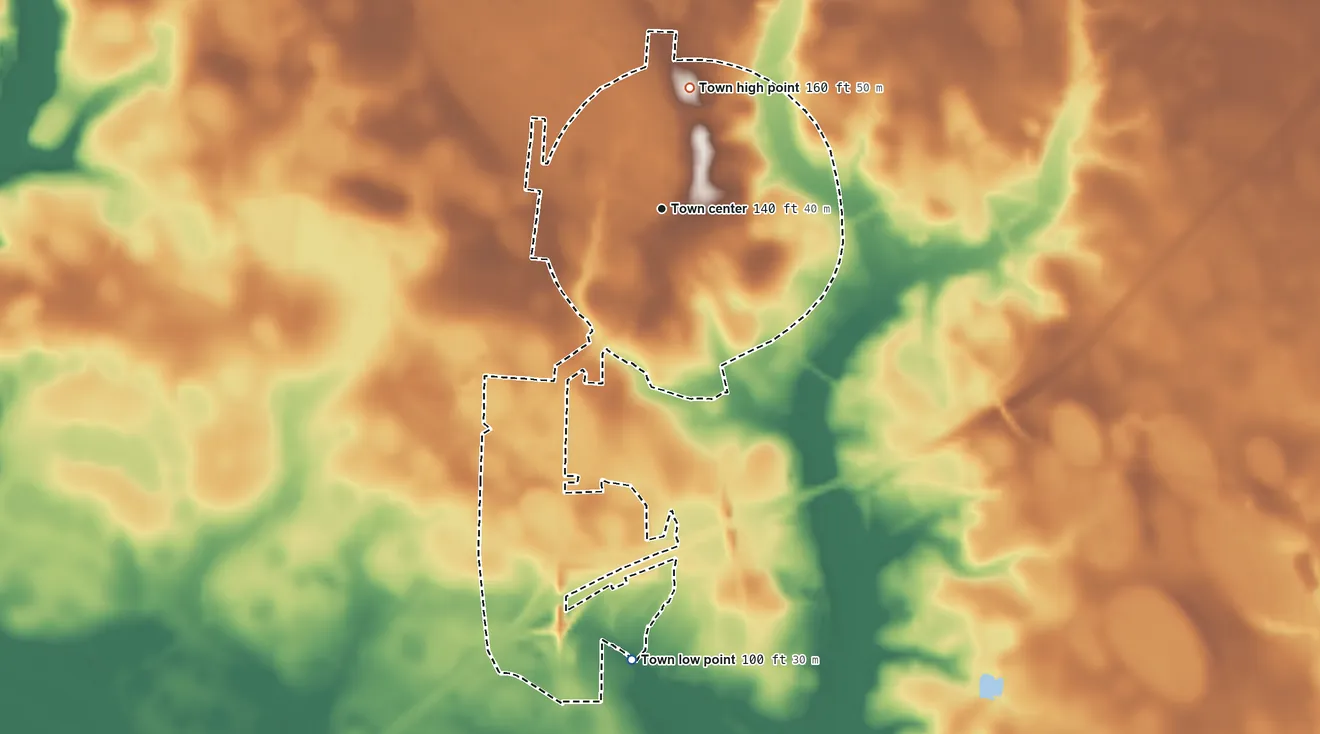 Topographic elevation map of Summerton, South Carolina, shaded from 100 ft on the south side to 160 ft on the north side