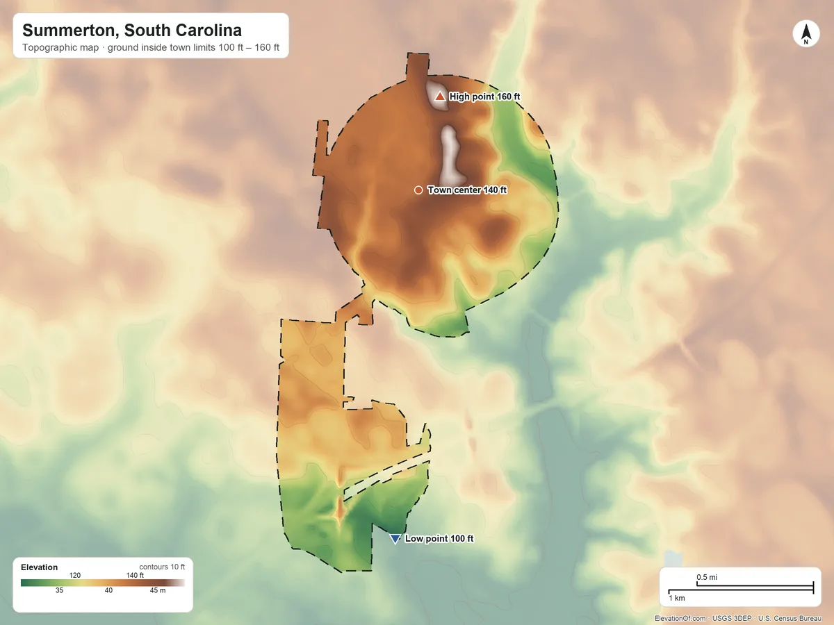 Topographic elevation map of Summerton, South Carolina, shaded from 100 ft on the south side to 160 ft on the north side