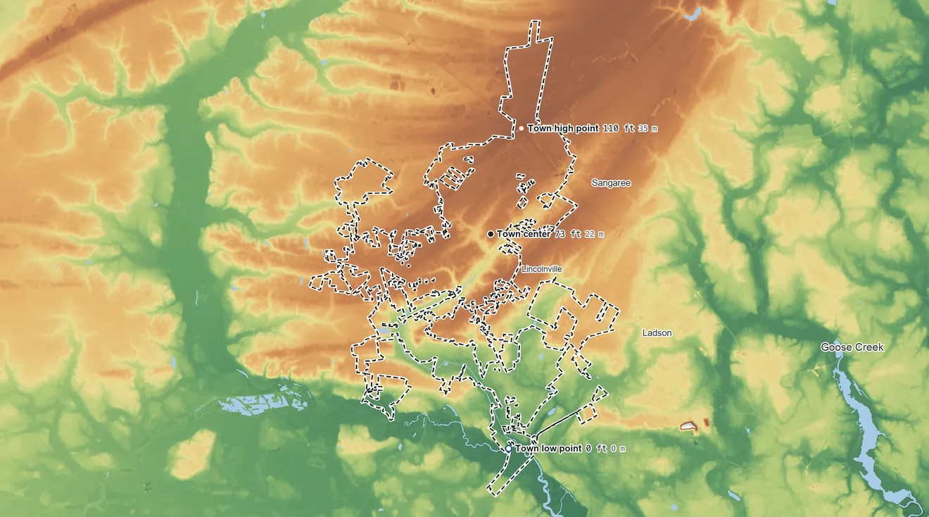 Topographic elevation map of Summerville, South Carolina, shaded from 0 ft on the south side to 110 ft on the north side