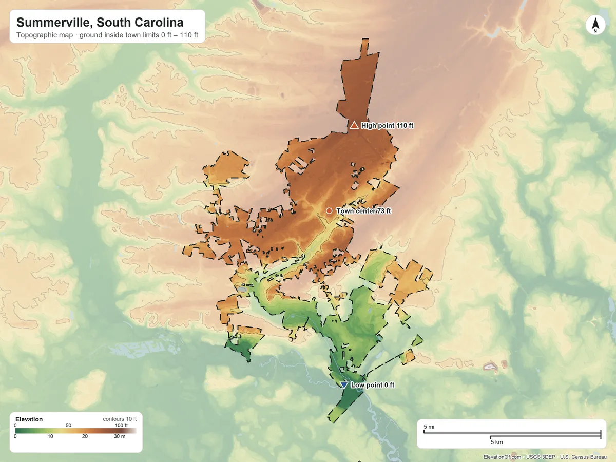 Topographic elevation map of Summerville, South Carolina, shaded from 0 ft on the south side to 110 ft on the north side