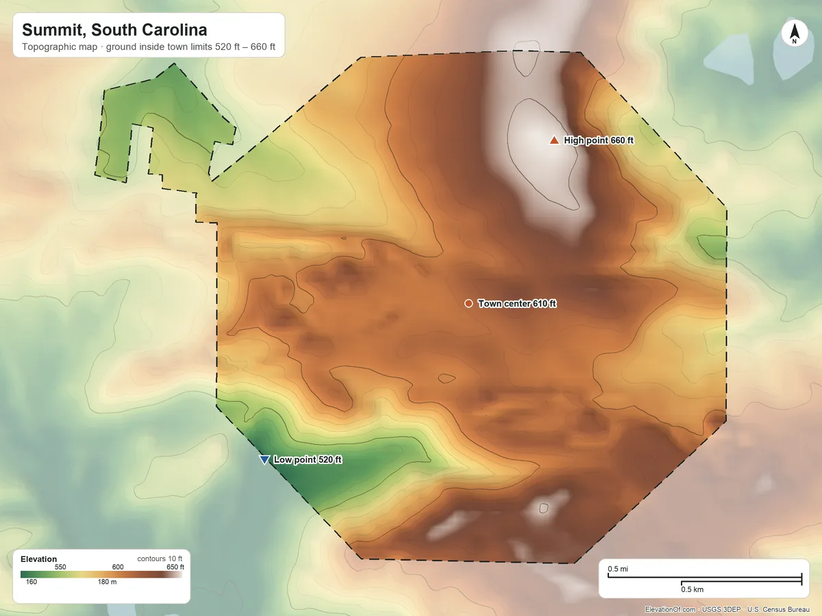 Topographic elevation map of Summit, South Carolina, shaded from 520 ft on the southwest side to 660 ft on the northeast side