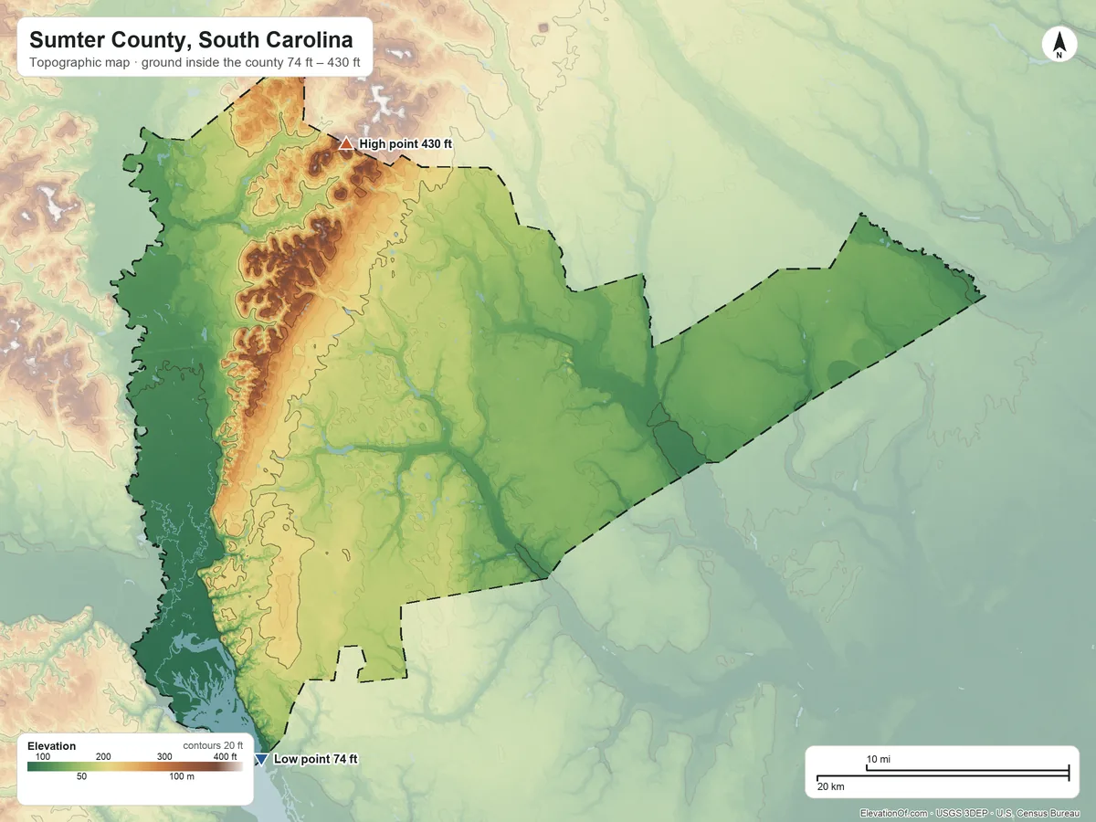 Topographic elevation map of Sumter County, South Carolina, shaded from 74 ft on the southwest side to 430 ft on the northwest side