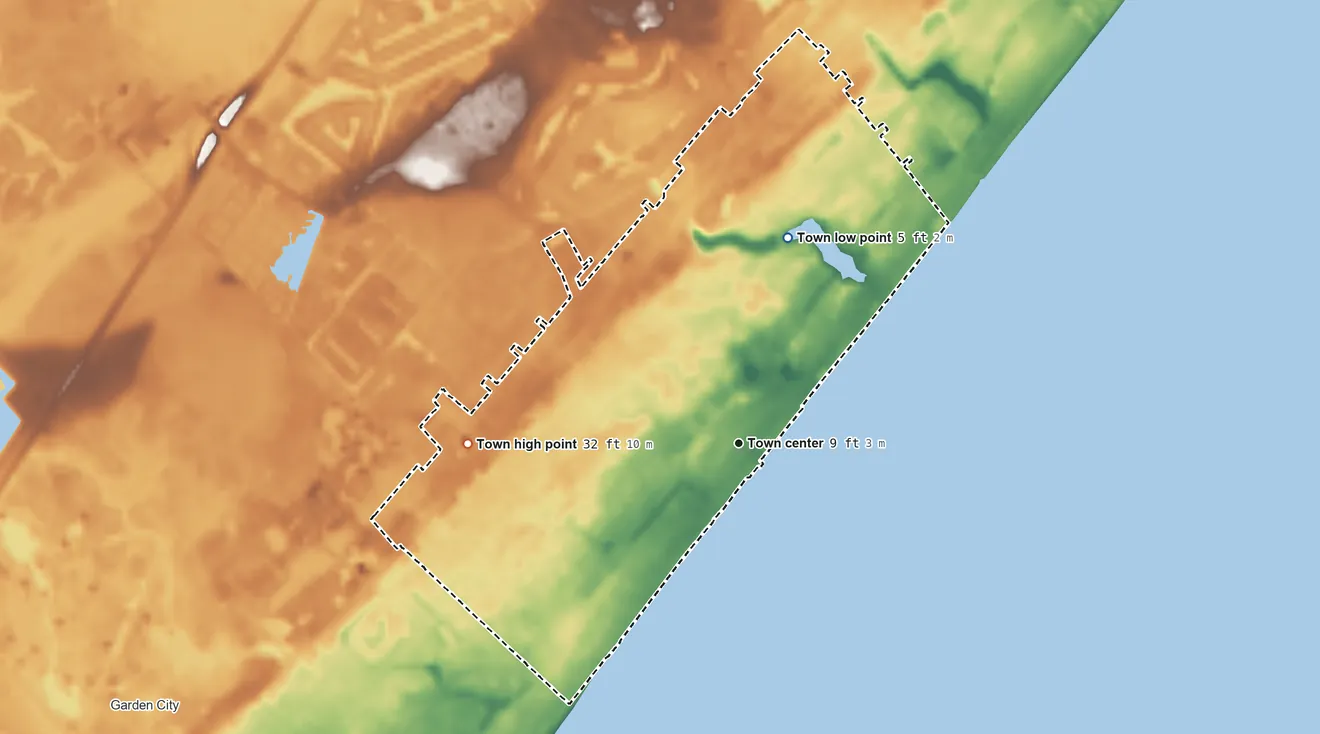 Topographic elevation map of Surfside Beach, South Carolina, shaded from 5 ft on the north side to 32 ft on the west side