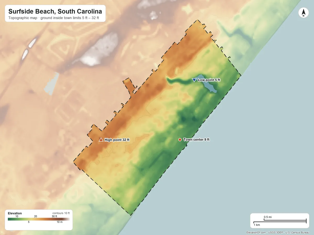 Topographic elevation map of Surfside Beach, South Carolina, shaded from 5 ft on the north side to 32 ft on the west side