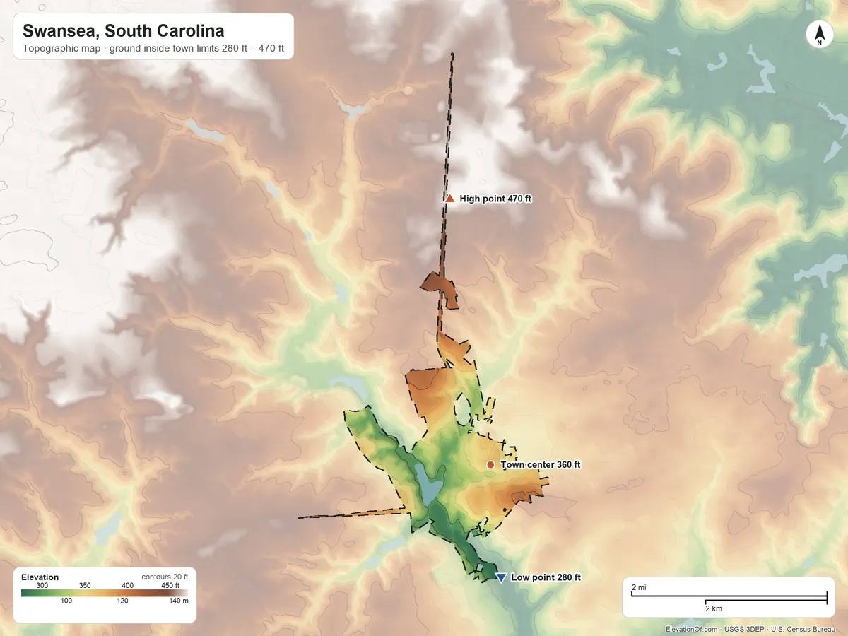 Topographic elevation map of Swansea, South Carolina, shaded from 280 ft on the south side to 470 ft on the north side