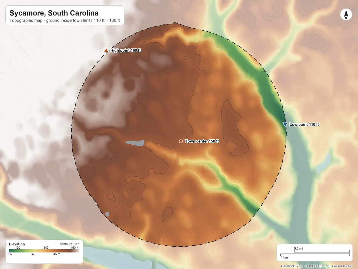 Topographic elevation map of Sycamore, South Carolina, shaded from 110 ft on the east side to 160 ft on the northwest side