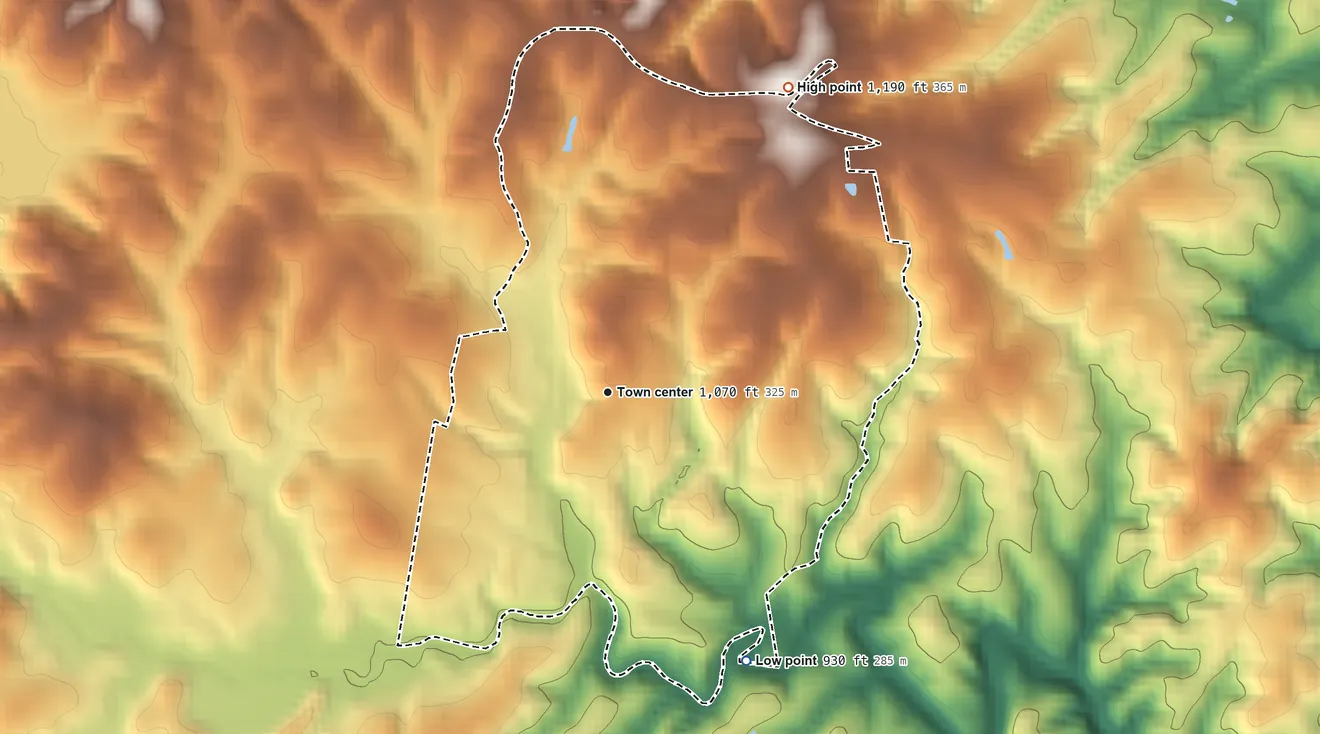 Topographic elevation map of Tamassee, South Carolina, shaded from 930 ft on the southeast side to 1,190 ft on the northeast side