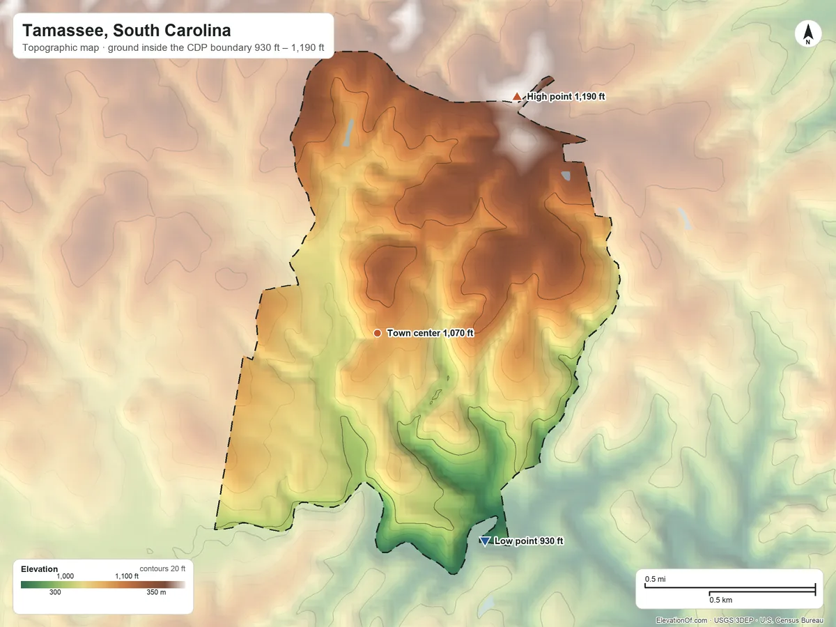 Topographic elevation map of Tamassee, South Carolina, shaded from 930 ft on the southeast side to 1,190 ft on the northeast side