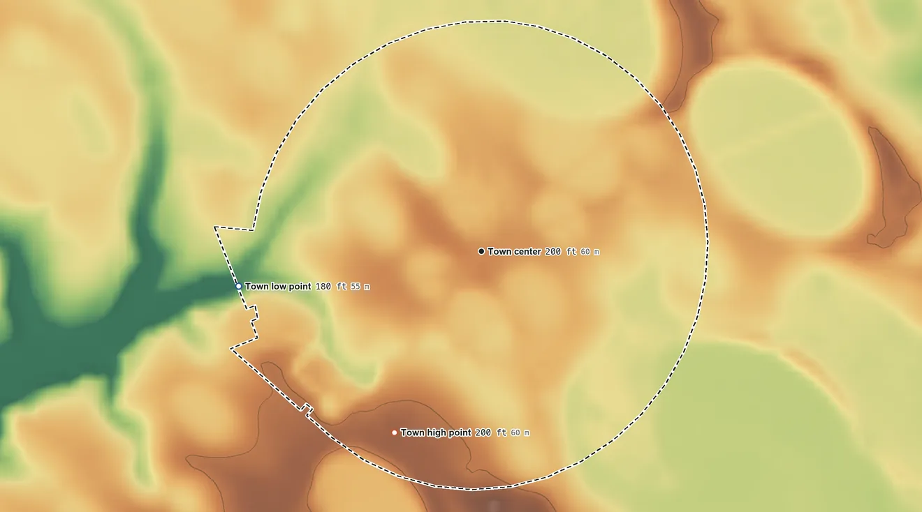 Topographic elevation map of Tatum, South Carolina, shaded from 180 ft on the west side to 200 ft on the southwest side