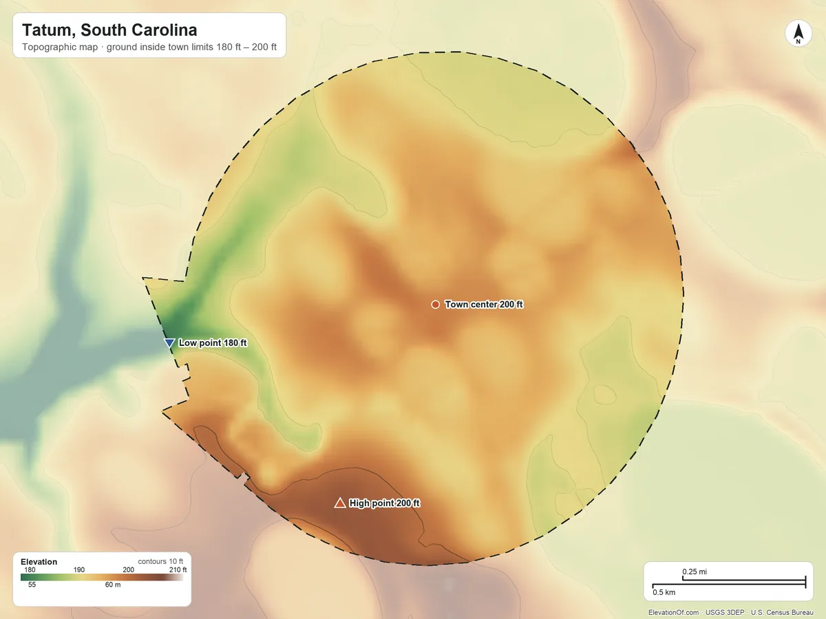Topographic elevation map of Tatum, South Carolina, shaded from 180 ft on the west side to 200 ft on the southwest side