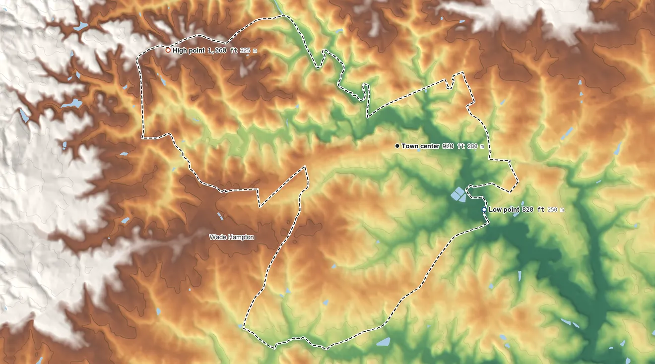 Topographic elevation map of Taylors, South Carolina, shaded from 820 ft on the southeast side to 1,060 ft on the northwest side