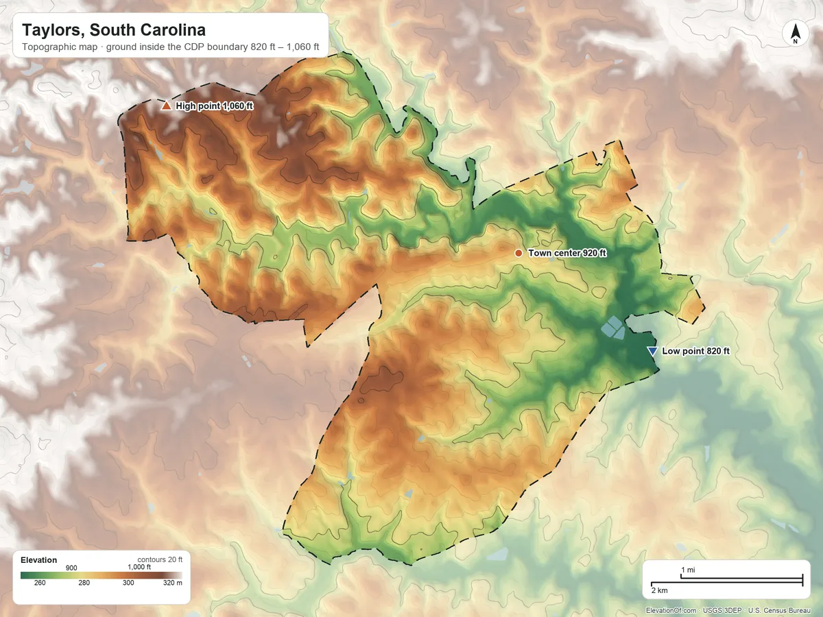 Topographic elevation map of Taylors, South Carolina, shaded from 820 ft on the southeast side to 1,060 ft on the northwest side
