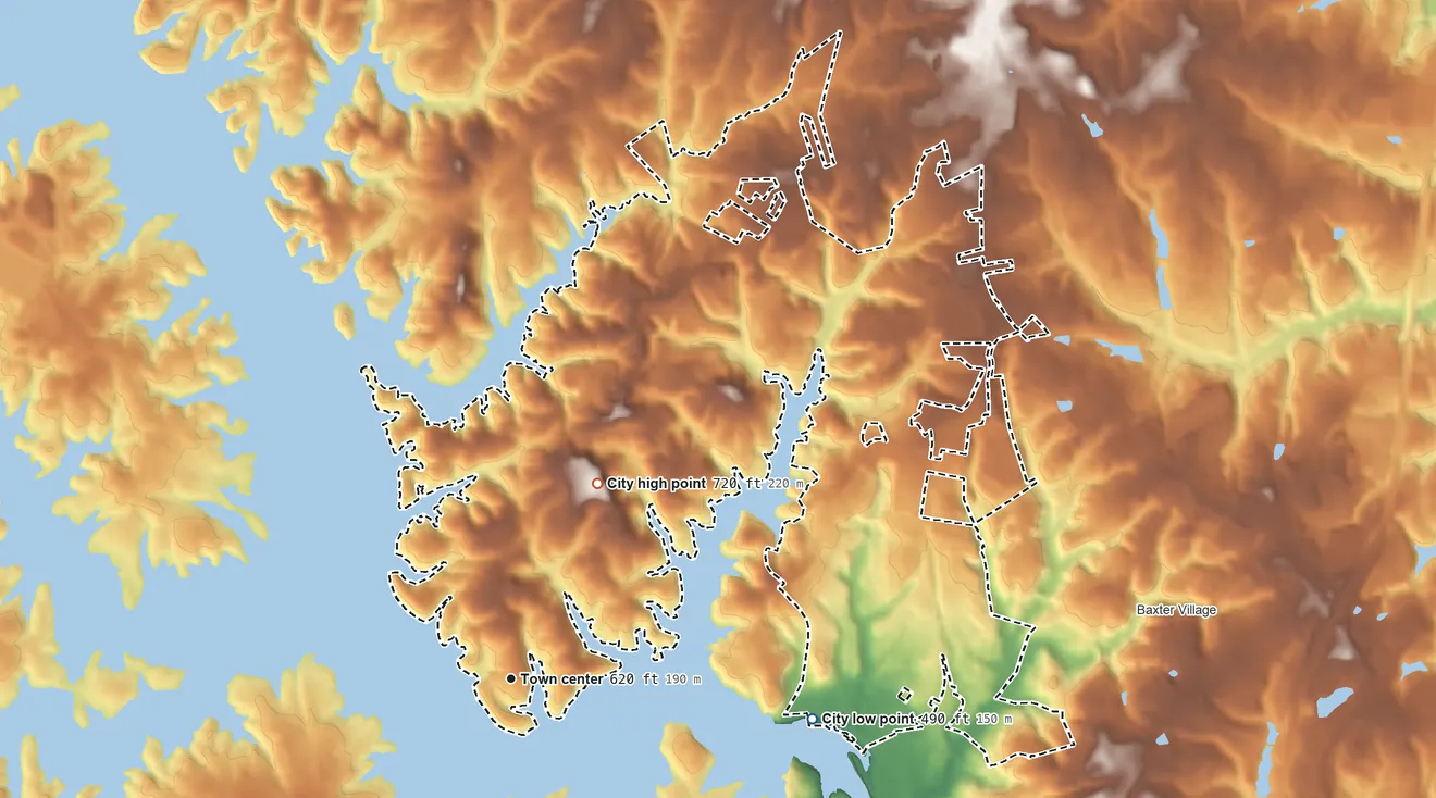 Topographic elevation map of Tega Cay, South Carolina, shaded from 490 ft on the east side to 720 ft on India Hook Hills