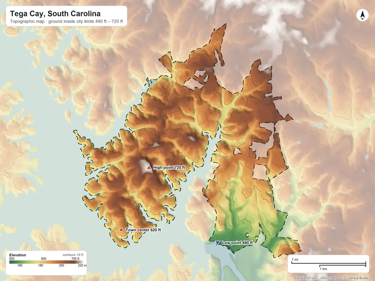 Topographic elevation map of Tega Cay, South Carolina, shaded from 490 ft on the east side to 720 ft on India Hook Hills