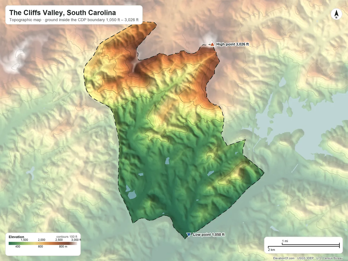 Topographic elevation map of The Cliffs Valley, South Carolina, shaded from 1,050 ft on the south side to 3,026 ft on Corbin Mountain