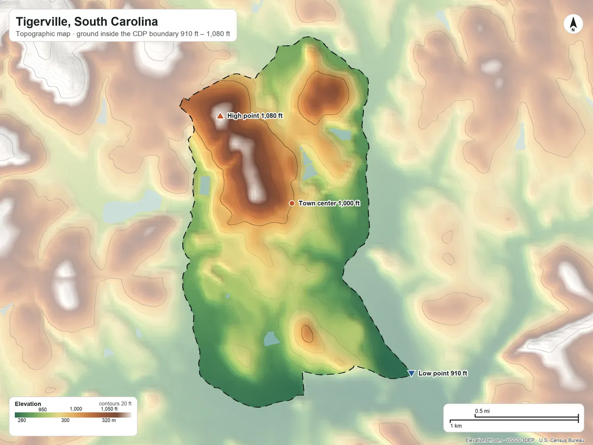 Topographic elevation map of Tigerville, South Carolina, shaded from 910 ft on the southeast side to 1,080 ft on the northwest side