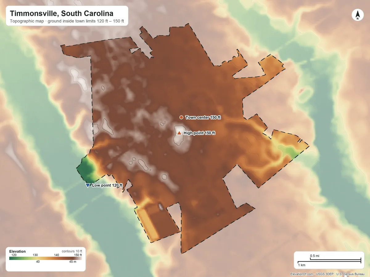 Topographic elevation map of Timmonsville, South Carolina, shaded from 120 ft on the southwest side to 150 ft near the middle