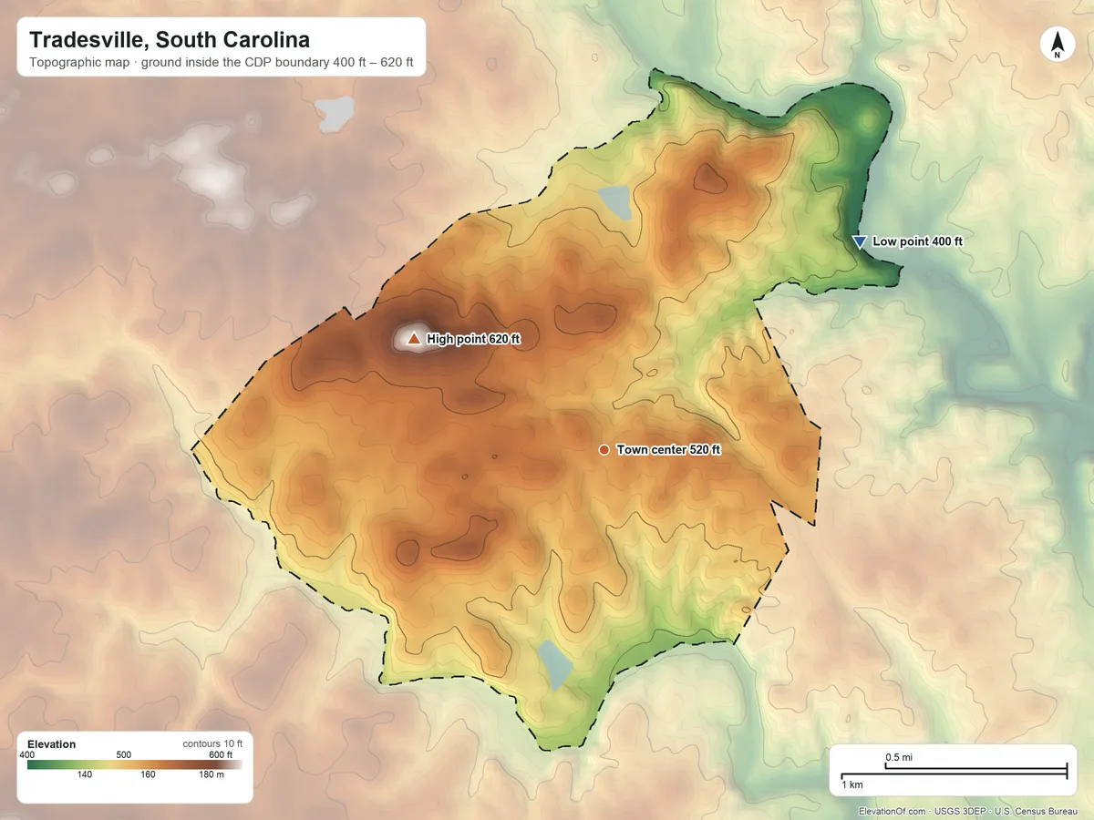Topographic elevation map of Tradesville, South Carolina, shaded from 400 ft on the northeast side to 620 ft on the northwest side