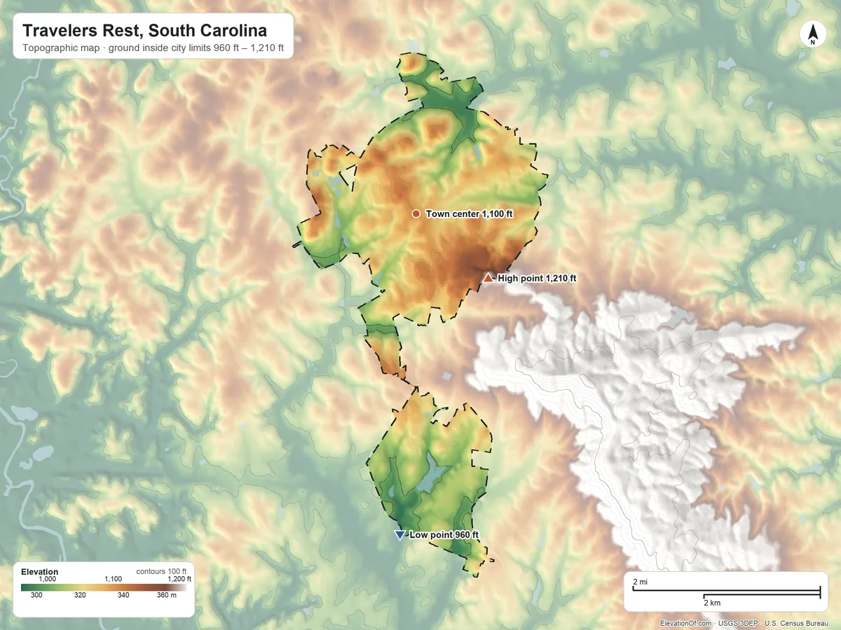 Topographic elevation map of Travelers Rest, South Carolina, shaded from 960 ft on the south side to 1,210 ft at the foot of the Saluda Mountains