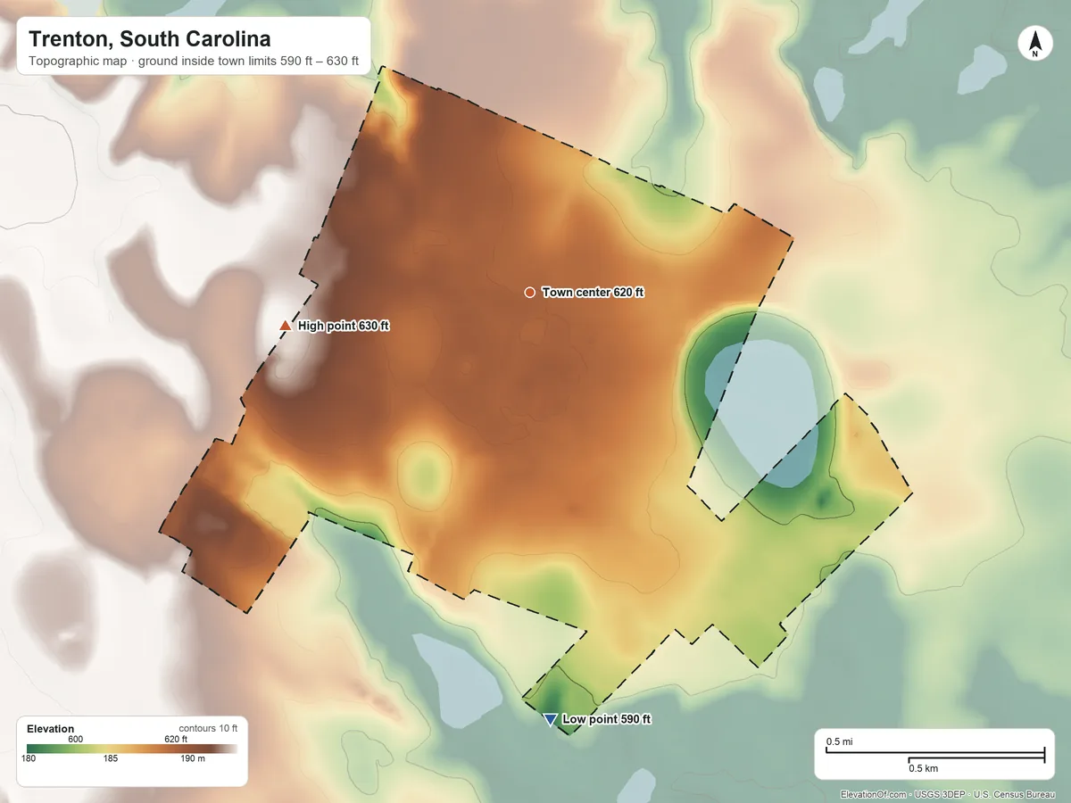 Topographic elevation map of Trenton, South Carolina, shaded from 590 ft on the south side to 630 ft on the west side