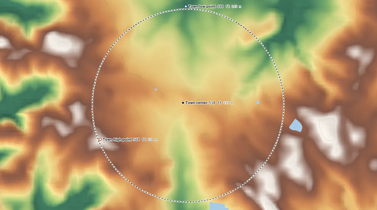 Topographic elevation map of Troy, South Carolina, shaded from 480 ft on the north side to 560 ft on the southwest side