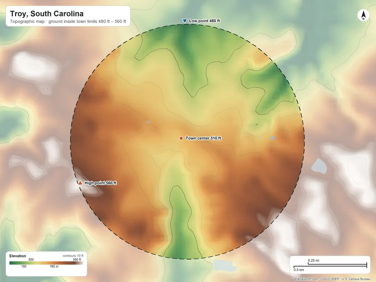 Topographic elevation map of Troy, South Carolina, shaded from 480 ft on the north side to 560 ft on the southwest side