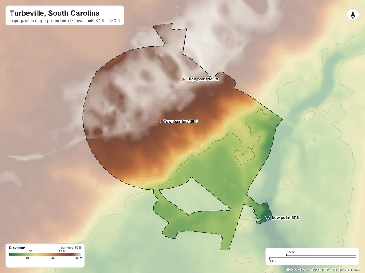 Topographic elevation map of Turbeville, South Carolina, shaded from 87 ft on the southeast side to 130 ft on the northeast side