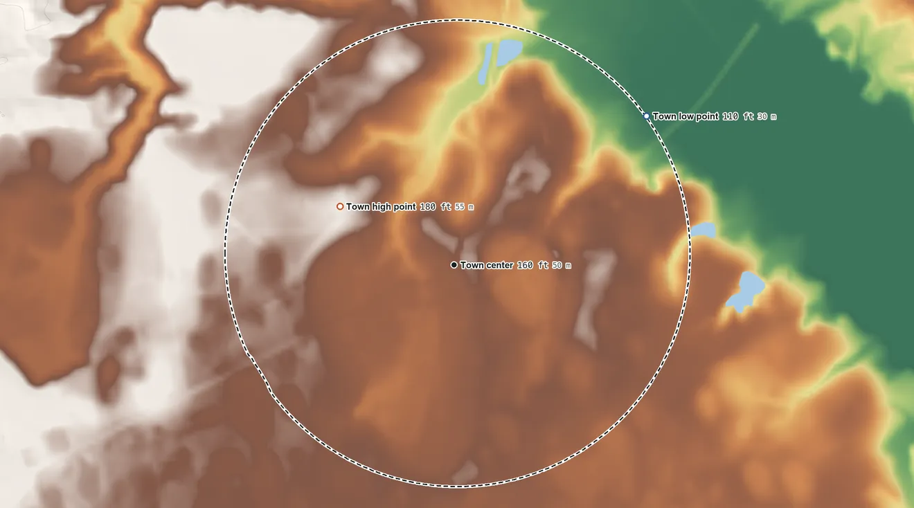 Topographic elevation map of Ulmer, South Carolina, shaded from 110 ft on the northeast side to 180 ft on the northwest side