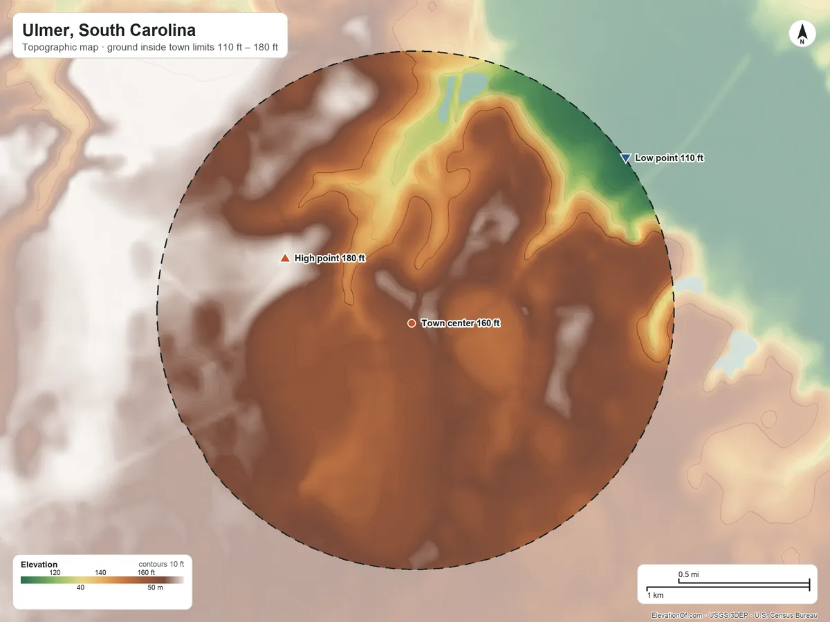 Topographic elevation map of Ulmer, South Carolina, shaded from 110 ft on the northeast side to 180 ft on the northwest side
