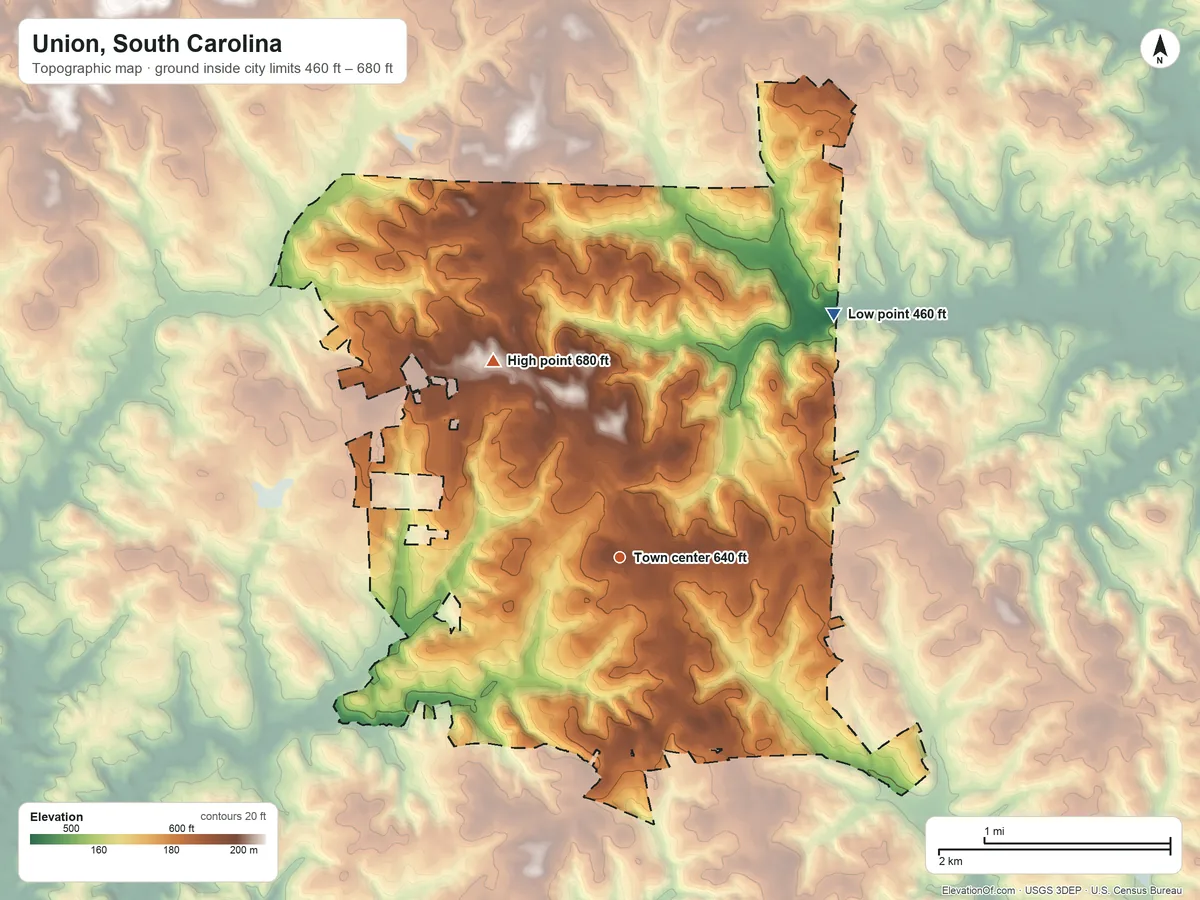 Topographic elevation map of Union, South Carolina, shaded from 460 ft on the northeast side to 680 ft on the northwest side
