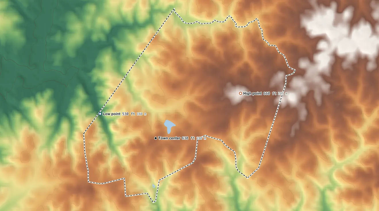 Topographic elevation map of Unity, South Carolina, shaded from 530 ft on the northwest side to 660 ft on the northeast side