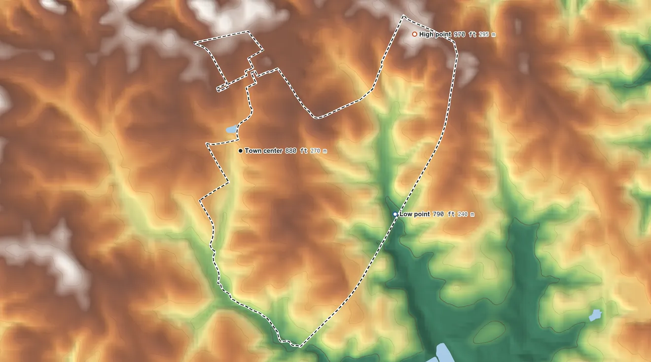 Topographic elevation map of Utica, South Carolina, shaded from 790 ft on the east side to 970 ft on the northeast side