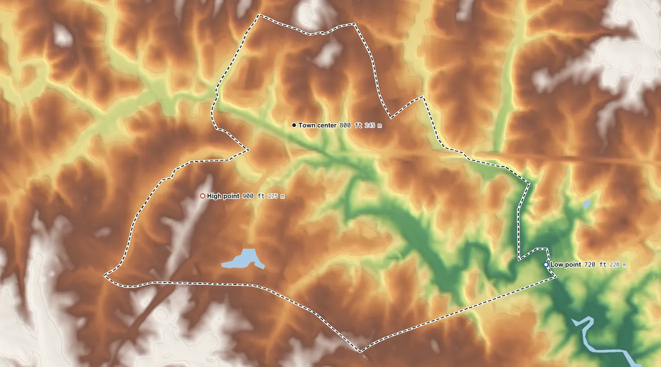 Topographic elevation map of Valley Falls, South Carolina, shaded from 720 ft on the southeast side to 900 ft on the southwest side