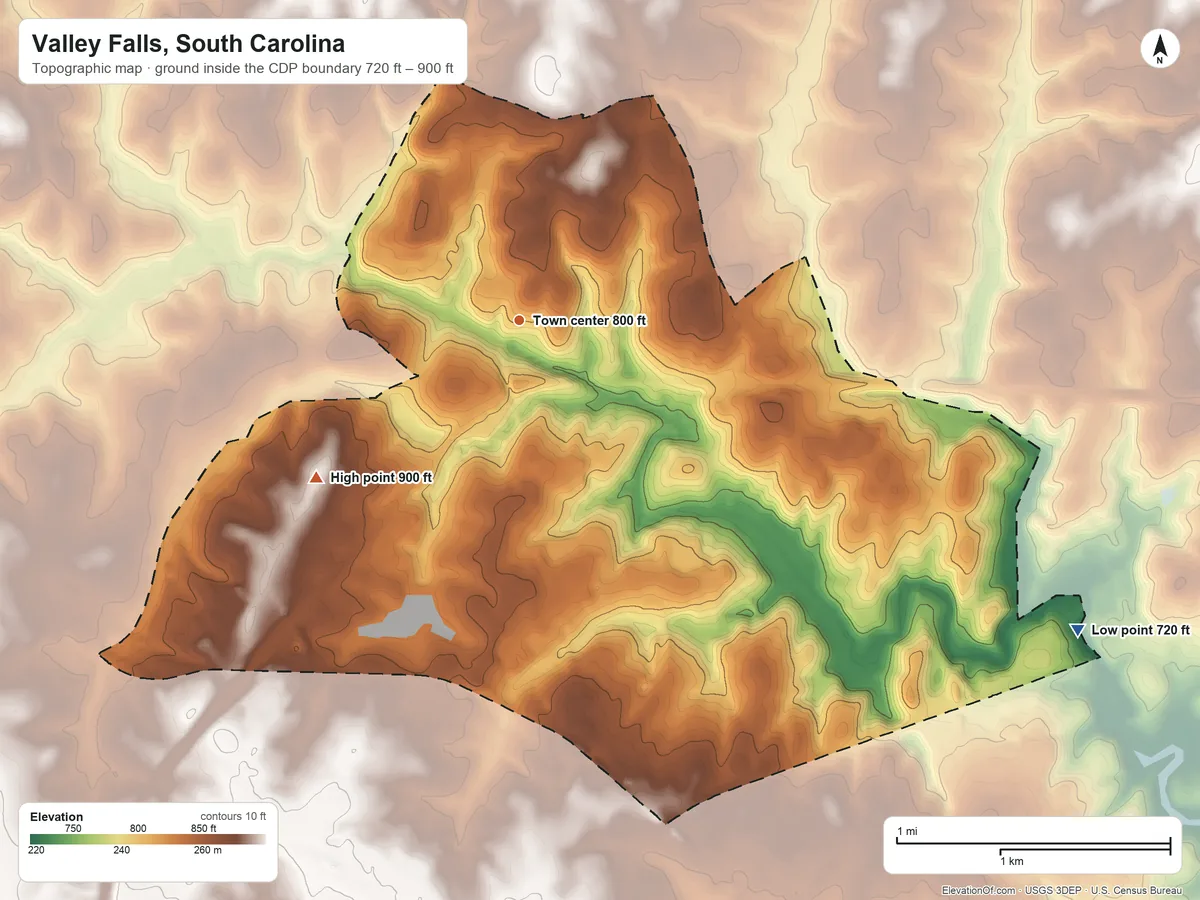 Topographic elevation map of Valley Falls, South Carolina, shaded from 720 ft on the southeast side to 900 ft on the southwest side